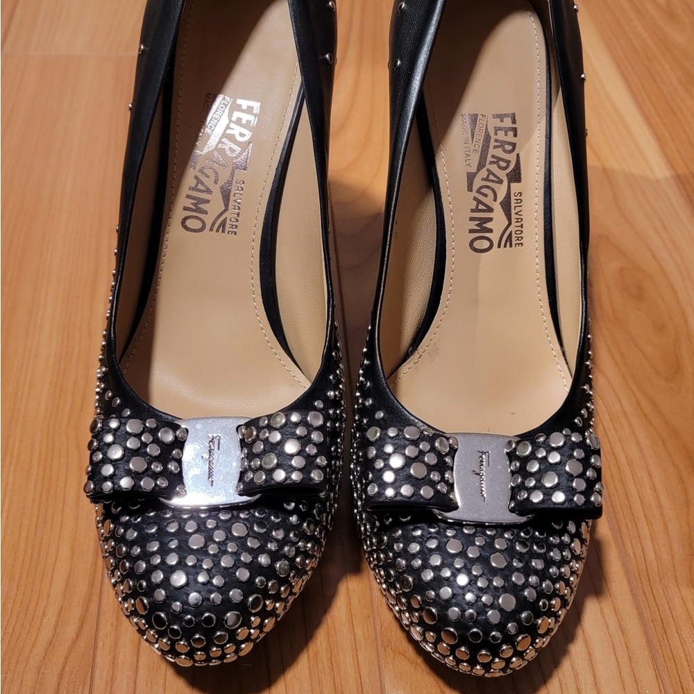Black Ferragamo Studded Pumps